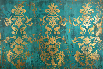 Poster - Vintage gold floral pattern on a verdigris canvas. Background image. Created with Generative AI technology.