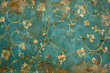 Poster - Vintage gold floral pattern on a verdigris canvas. Background image. Created with Generative AI technology.