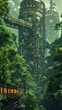 Create a striking graphic that captures the perspective of a worm looking up at towering machinery used in gold mining, juxtaposed with lush greenery symbolizing sustainable practices Show the contras