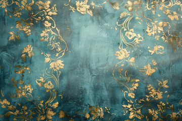 Poster - Vintage gold floral pattern on a verdigris canvas. Background image. Created with Generative AI technology.