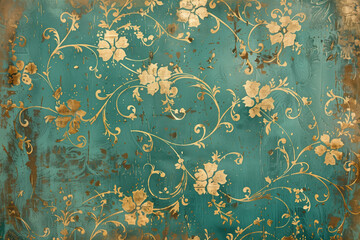 Poster - Vintage gold floral pattern on a verdigris canvas. Background image. Created with Generative AI technology.