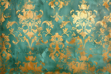 Poster - Vintage gold floral pattern on a verdigris canvas. Background image. Created with Generative AI technology.