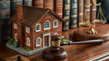 Fototapeta  - A classic, brick miniature house adjacent to a well-worn, leather-bound gavel, set on a vintage lawyer's desk with historical legal volumes.