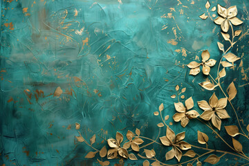 Poster - Vintage gold floral pattern on a verdigris canvas. Background image. Created with Generative AI technology.