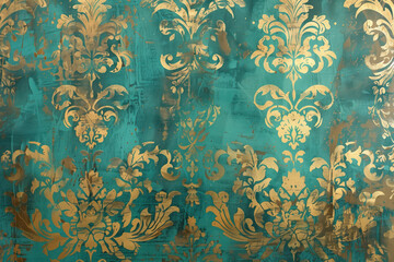 Poster - Vintage gold floral pattern on a verdigris canvas. Background image. Created with Generative AI technology.