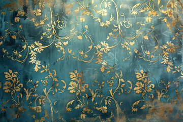 Poster - Vintage gold floral pattern on a verdigris canvas. Background image. Created with Generative AI technology.