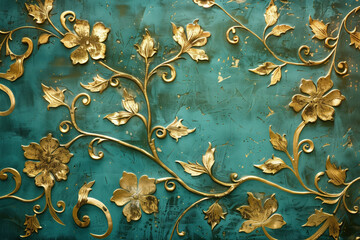 Poster - Vintage gold floral pattern on a verdigris canvas. Background image. Created with Generative AI technology.