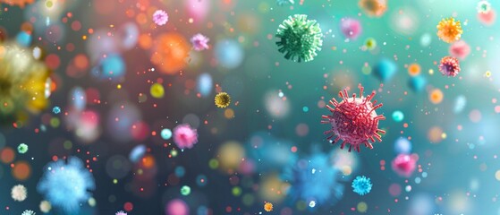 an illustration of colorful virus particles suspended in air