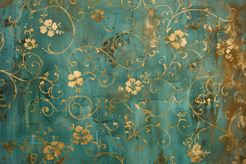 Poster - Vintage gold floral pattern on a verdigris canvas. Background image. Created with Generative AI technology.