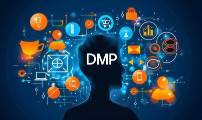 Poster - Person Presenting the Concept of DMP (Data Management Platform) Surrounded by Related Icons Representing Data Collection, Analysis, and Targeted Marketing