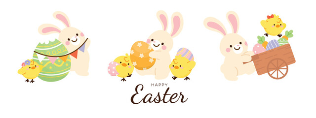 Wall Mural - Happy Easter day background vector. Cute wallpaper of lovely rabbit, easter eggs, bunny, flower, decoration, yellow chick. Bunny character illustration for banner, greeting card, social media.