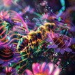 An abstract 3D visualization of the sound of bees buzzing, represented by vibrant waves emanating from the bees as they move around flowers, creating a synesthetic experience , vibran