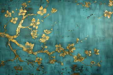 Poster - Vintage gold floral pattern on a verdigris canvas. Background image. Created with Generative AI technology.