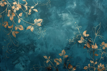 Poster - Vintage gold floral pattern on a verdigris canvas. Background image. Created with Generative AI technology.
