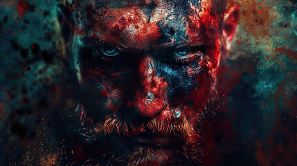 Fototapeta bloody viking fighter warrior in mixed grunge colors style illustration.