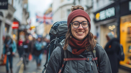 Wall Mural - female tourist backpacker with London shopping street in UK as background. Concept of travel, vacation, tourism and holiday.