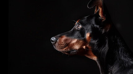 Wall Mural - Portrait of a purebred doberman dog on a black background. 