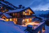 Fototapeta Do pokoju - A chalet with cozy outdoor lighting in the mountains with an indigo twilight sky
