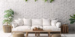 Interior of modern living room with white sofa and plants. 