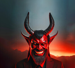 Wall Mural - Red and black Satan with horns, illustration.