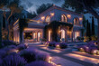 A classic villa with tasteful outdoor lighting, amidst a sea of trees, under the gentle hues of a lavender twilight