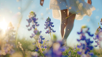 Wall Mural - Little girl in a field of lupine flowers at sunset.