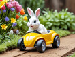 cute white easter bunny in a toy car in the garden