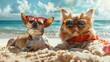 Seafront Style A Dog and Cat Showing Off Their Beach Fashion, Lounging with Sunglasses on the Shore ,soft shadowns