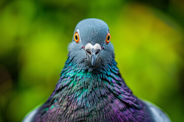 Portrait of urban gray pigeon on green blurred park background