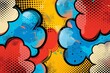 pop art inspired pattern with bold, graphic colors such as primary red, yellow, and blue featuring comic book style halftone dots and speech bubbles.