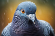Portrait of urban gray wet pigeon under rain