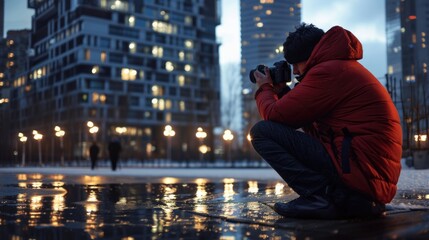 Aufkleber - A man in a red jacket taking a photo. Suitable for photography or travel concepts