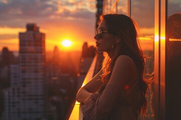 Sticker - A woman standing on top of a tall building. Suitable for urban concepts