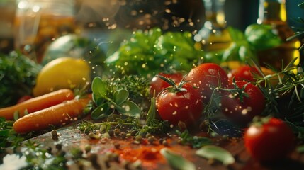 Poster - Close up of various vegetables on a wooden table, perfect for healthy eating concept