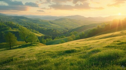 Aufkleber - Beautiful sunset scene over a lush green valley. Ideal for nature and landscape concepts