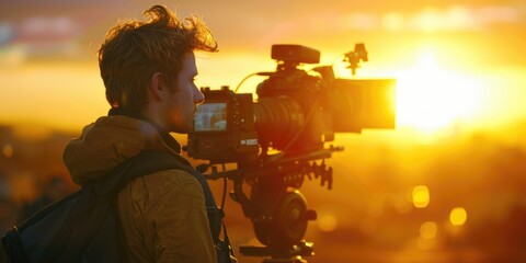Poster - A person standing with a camera on a tripod. Suitable for photography themes