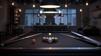 Poster - Image of a pool table with various balls, ideal for sports and leisure concepts