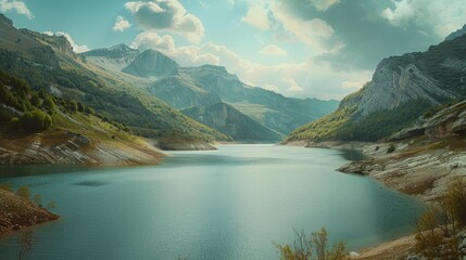 Canvas Print - A serene image of a large lake surrounded by majestic mountains. Perfect for travel and nature concepts