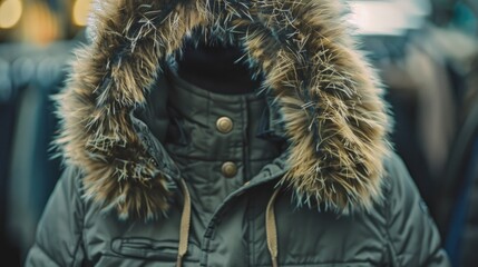 Poster - Person wearing a jacket with a furry hood, suitable for outdoor activities