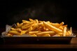 Tempting french fries on a plastic tray against a dark background