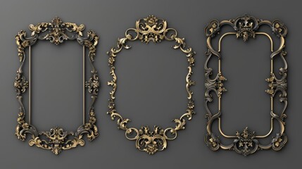 Poster - Elegant set of three ornate gold frames on a neutral gray background. Perfect for adding a touch of luxury to any design project