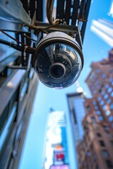 Poster - Close-up of a camera on a pole, suitable for urban surveillance purposes