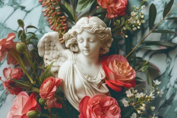 Poster - A serene angel statue surrounded by colorful flowers. Ideal for religious or memorial concepts