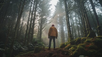 Wall Mural - A person standing in the middle of a forest. Suitable for nature and solitude concepts