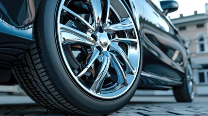 Poster - Close up of a car tire on a cobblestone road, ideal for automotive industry promotions