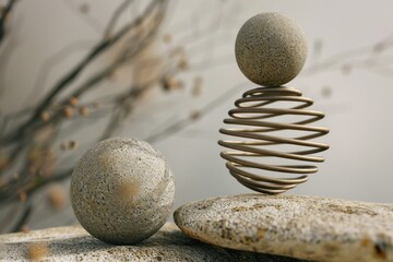 Poster - Unique rock sculpture with ball balanced on spiral. Suitable for concepts of balance and harmony