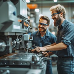 Two machinists working together in a factory