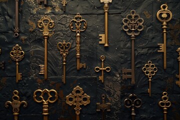 Poster - A bunch of gold keys on a black surface. Perfect for security or access concepts