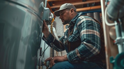 Poster - A man fixing a water heater, useful for plumbing services promotion