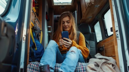 Poster - A woman sitting in the back of a van looking at her cell phone. Suitable for technology or travel concepts